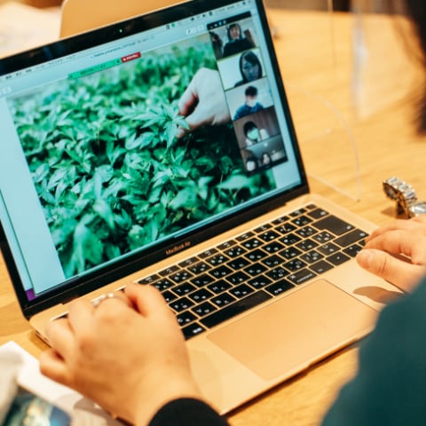 写真：migakiba kashibaで実施したオンラインフィールドツアーの様子。現地チームで、フェイスシールドをつけた編集者・ライターの小久保さんがパソコンの画面に向かい参加者と対話をしています。