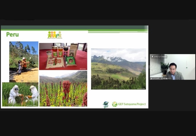 ウェビナーの画面をスクリーンショットした画像。五城目の環境講師である国際教養大学准教授名取洋司氏によるレクチャーの様子。世界の里山に関する研究のうち、ペルーの事例が写真で紹介されている。