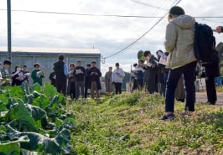 耕作放棄地を有機野菜の畑に再生する活動を行う参加者が、畑にて他の参加者に説明しています。