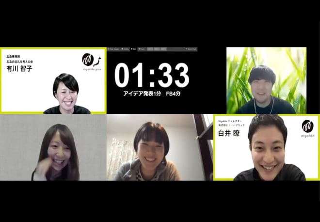 PCキャプチャ画像：ウェビナー(3)で行われた個人アイデア発表の様子。タイムキープの時計と発表者3名と、フィードバックをする事務局2名が笑顔で映っています。